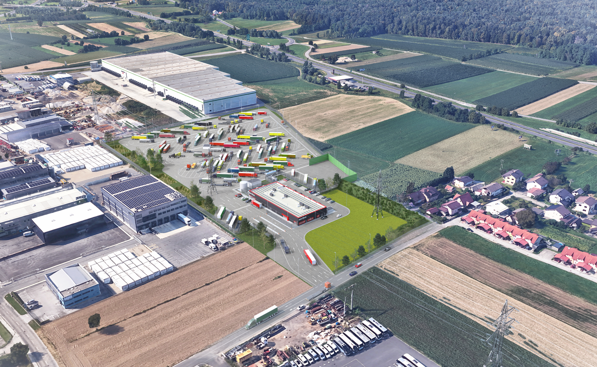 Letecký pohled na parkoviště u dálnice A1